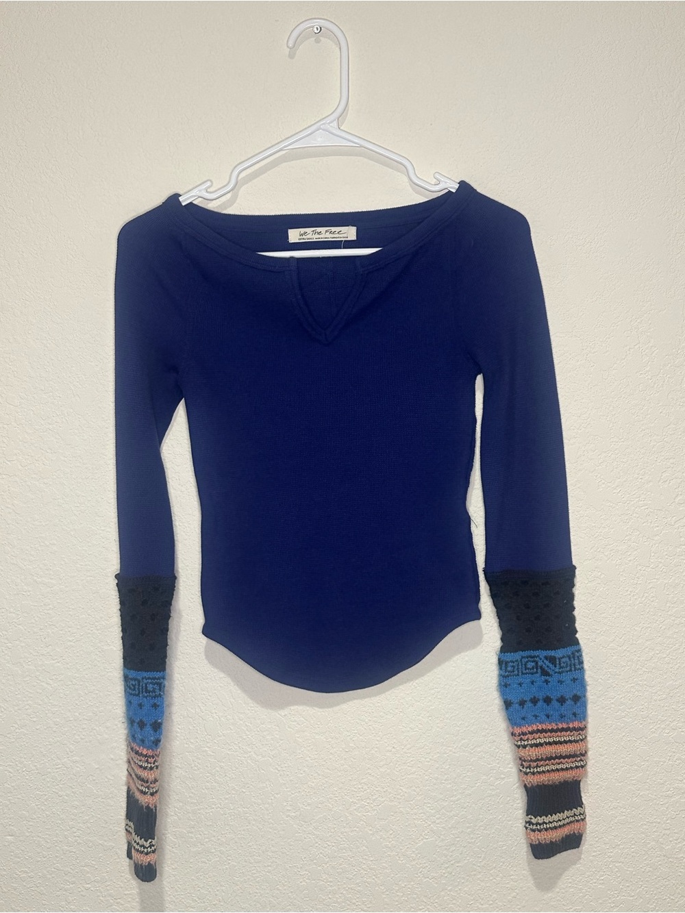 We The Free Navy Long Sleeve Top with Multicolor Patterned Cuffs